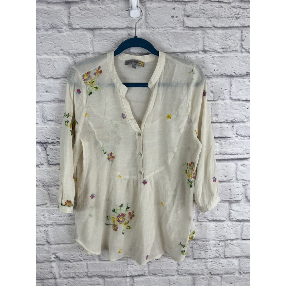 Figuero & Flower Boho Festival Sheer Embroidered 3/4 Sleeve Blouse Size Large